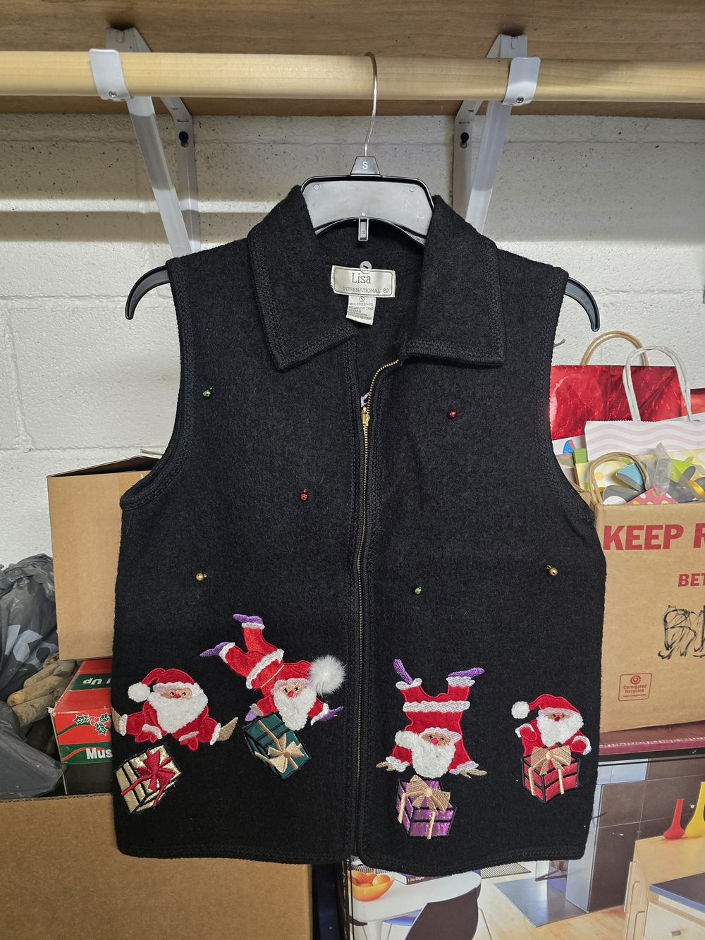 Black Holiday Santa Embroidered Vest